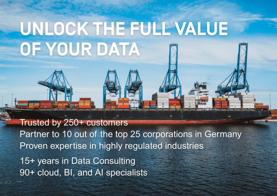 Container ship at port with cranes – Heringer Consulting promotes Azure-powered data solutions for the maritime industry.